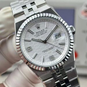 Rolex Land-Dweller 40 127334 Intense White Honeycomb Dial Fluted Bezel Flat Jubilee Bracelet Watch