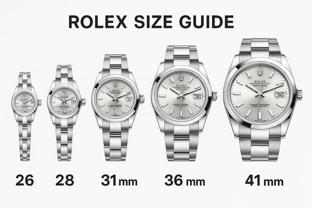 Rolex watch size guide comparing 28mm 31mm 36mm and 41mm case sizes